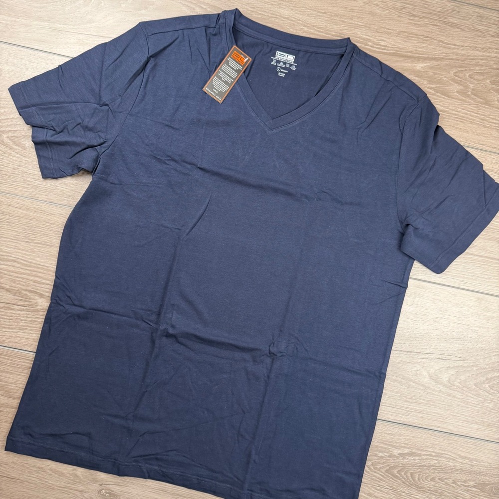 Steven Land Mens V-Neck T-Shirt Modern Fit Tencel Cotton Spandex Navy Blue Large